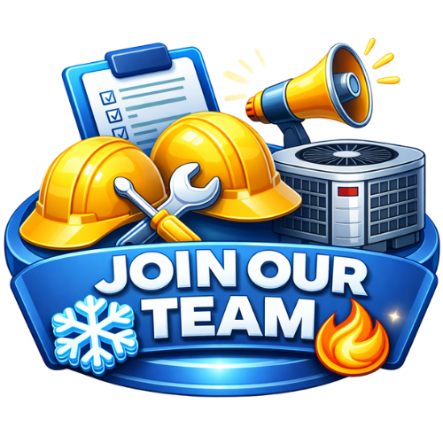 Join our team Always There Heating and Air HVAC careers icon featuring tools, hard hats, and air conditioning unit