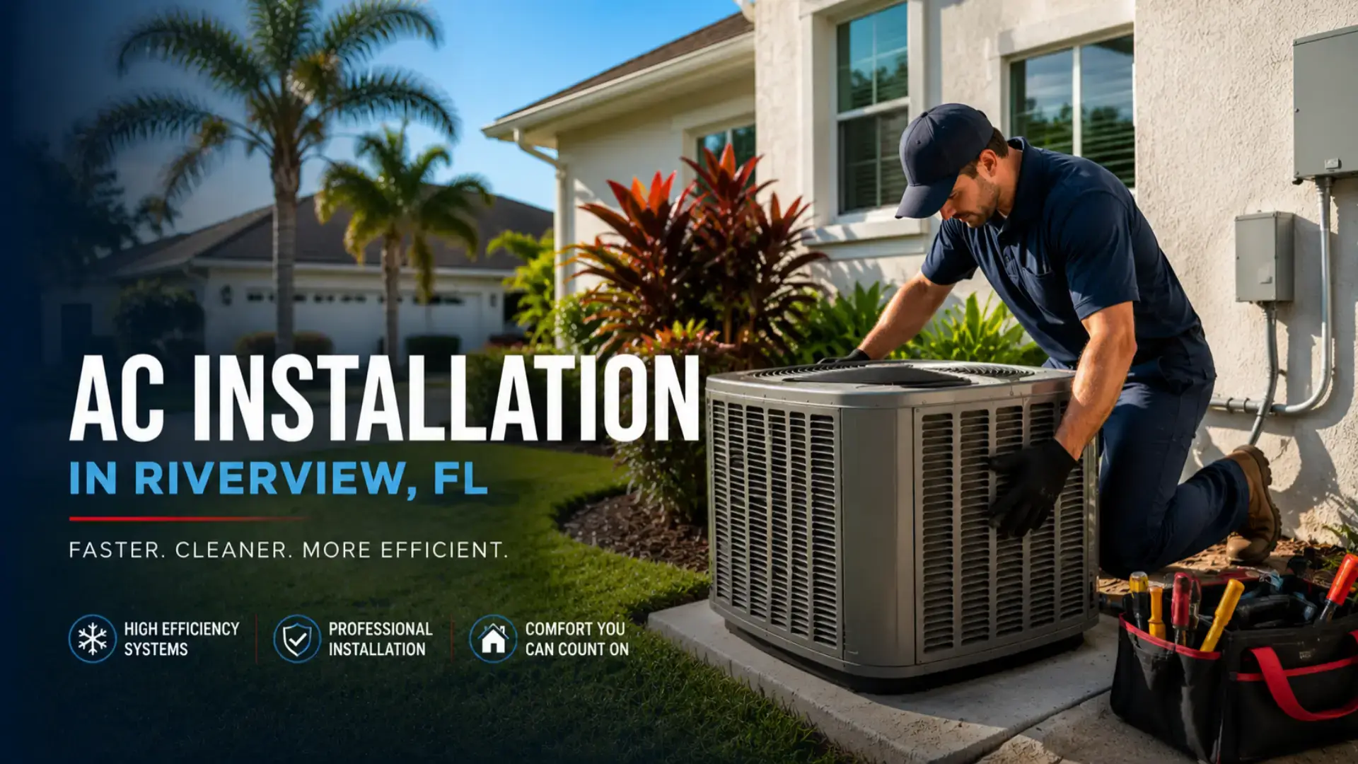 AC installation in Riverview, FL with HVAC technician installing new high-efficiency air conditioning system