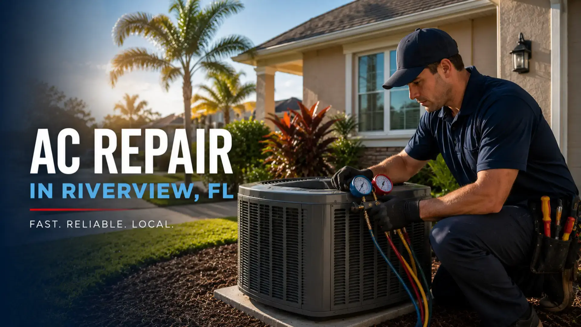 AC repair in Riverview, FL technician repairing residential air conditioning system outside Florida home