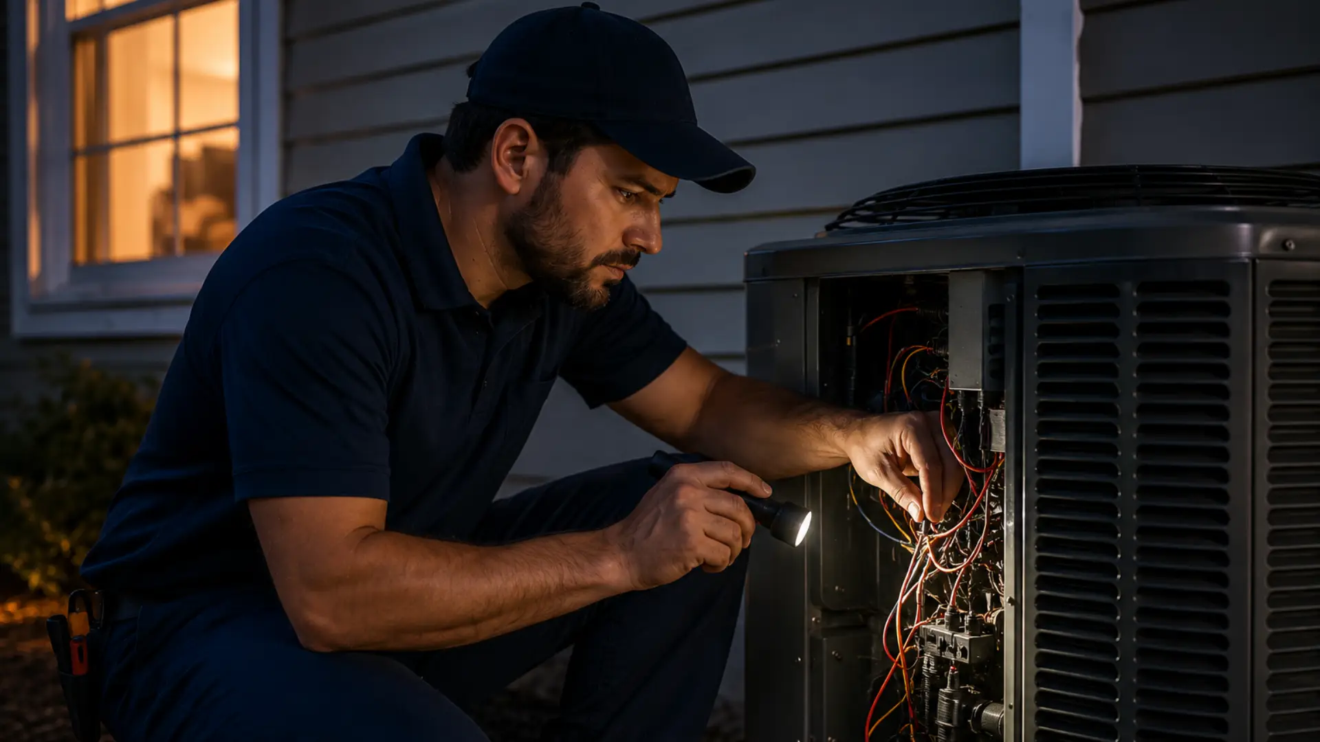 Emergency HVAC services with technician performing urgent residential air conditioning repair at night