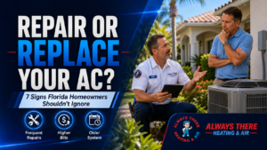 Repair or replace air conditioner discussion with HVAC technician comparing old and new AC systems at Florida home
