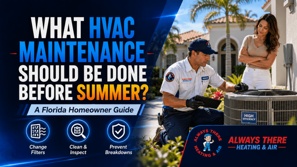 HVAC maintenance before summer hero image with technician inspecting AC unit at Florida home