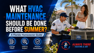 HVAC maintenance before summer hero image with technician inspecting AC unit at Florida home