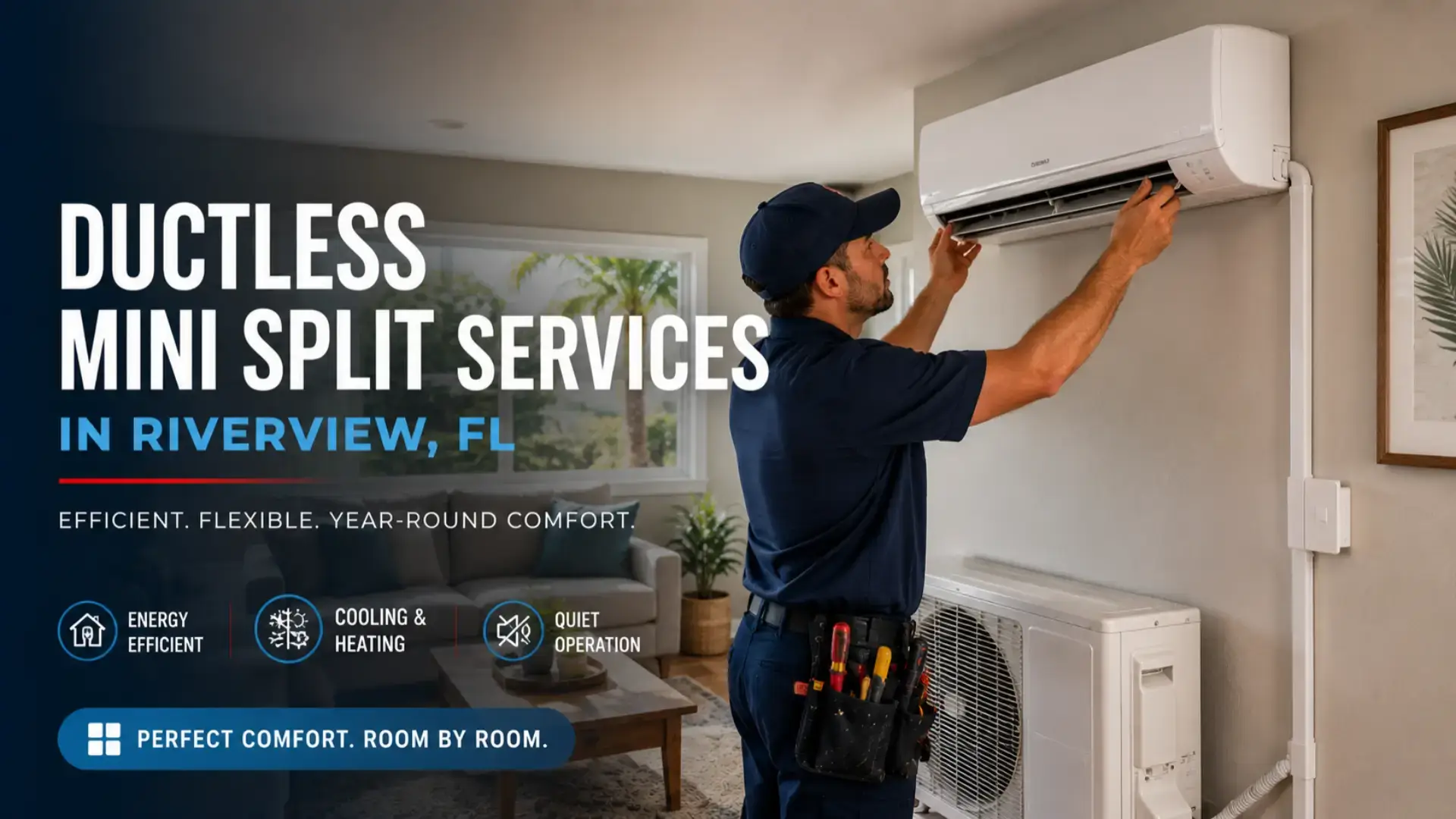 Ductless mini split services in Riverview, FL with HVAC technician installing indoor mini split system