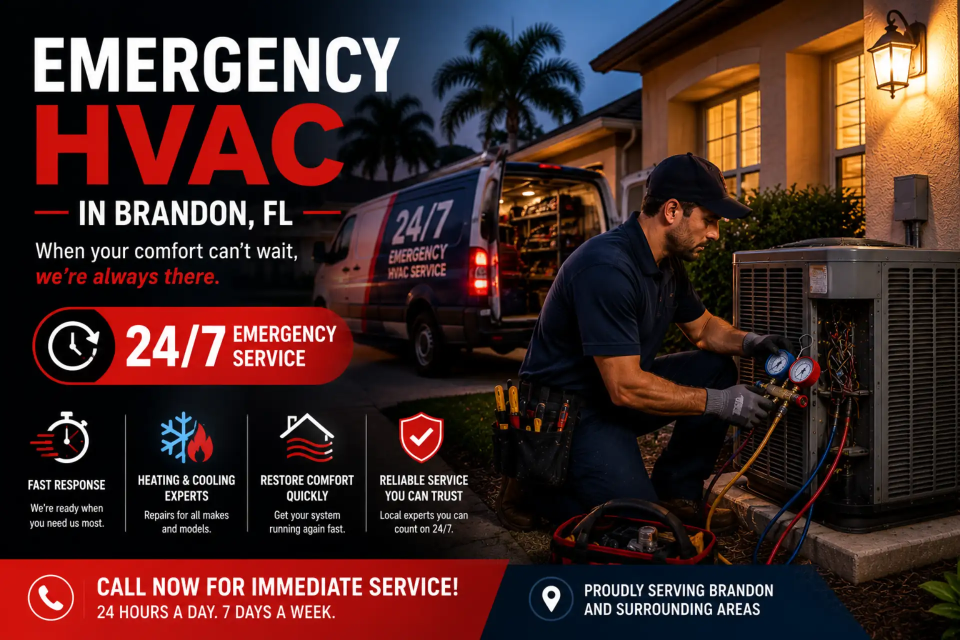Emergency HVAC in Brandon, FL with technician responding to urgent residential air conditioning repair
