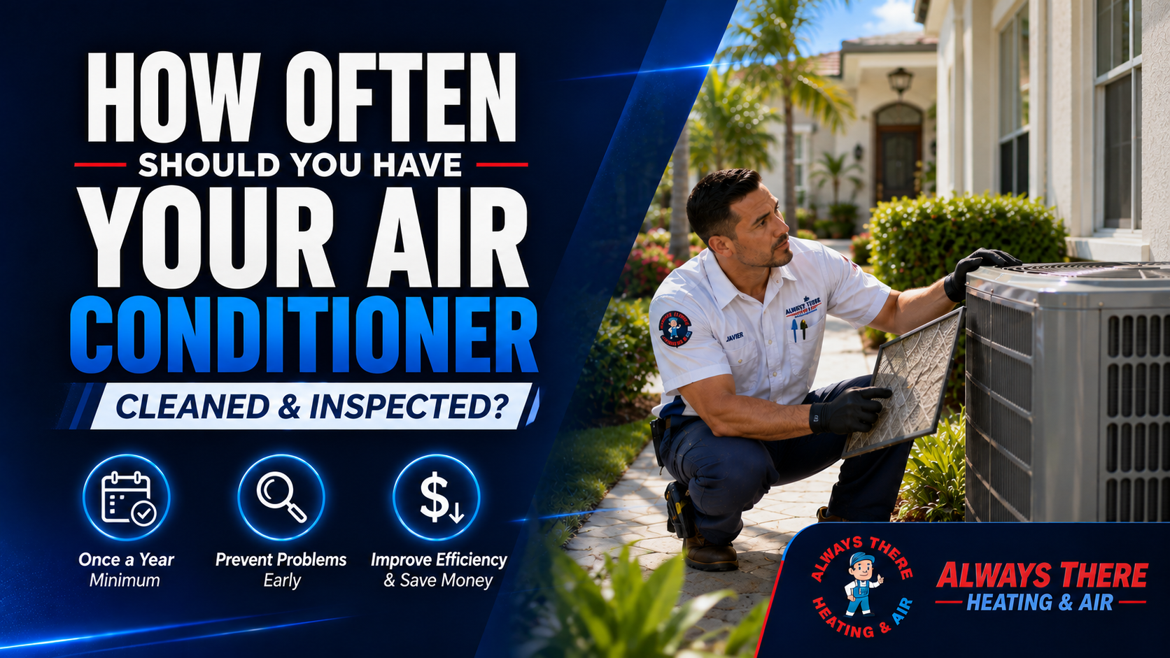 How often should AC be cleaned hero image with technician performing air conditioner inspection at Florida home