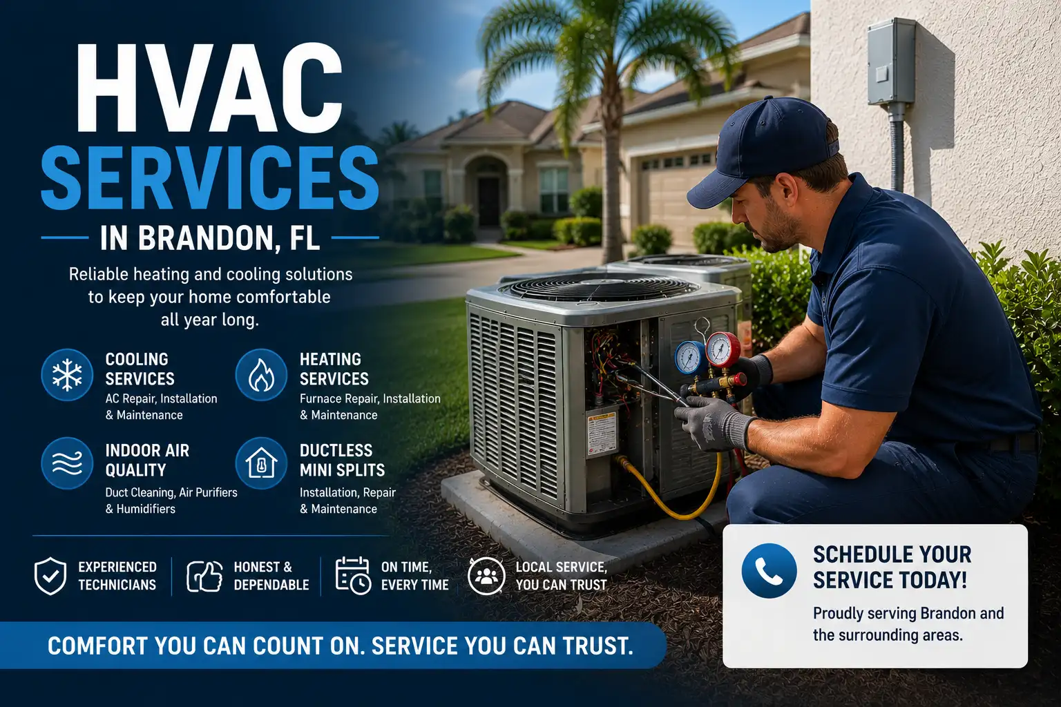 HVAC services in Brandon, FL with technician repairing residential air conditioning system outside Florida home