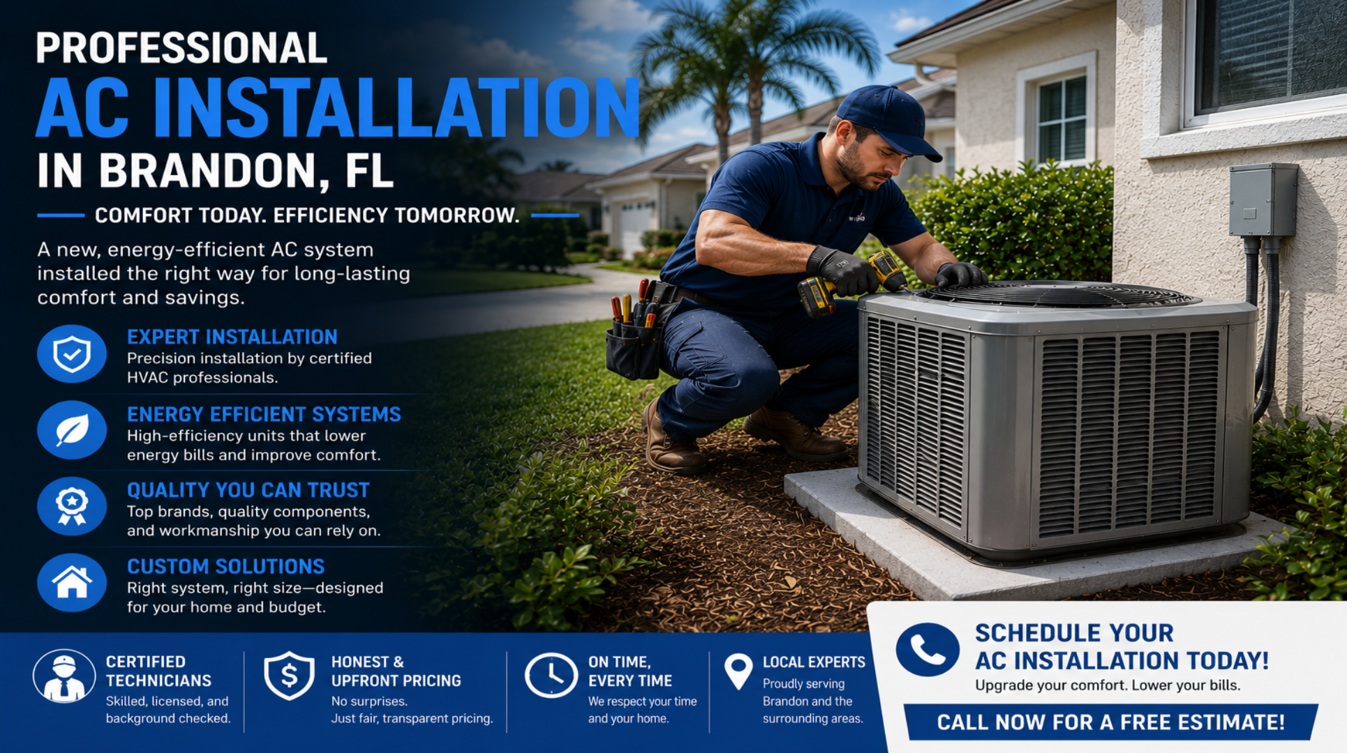 AC installation in Brandon, FL with HVAC technician installing new residential air conditioning system