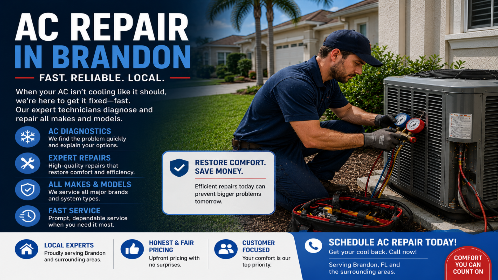 AC repair in Brandon, FL with HVAC technician repairing residential air conditioning system outside Florida home