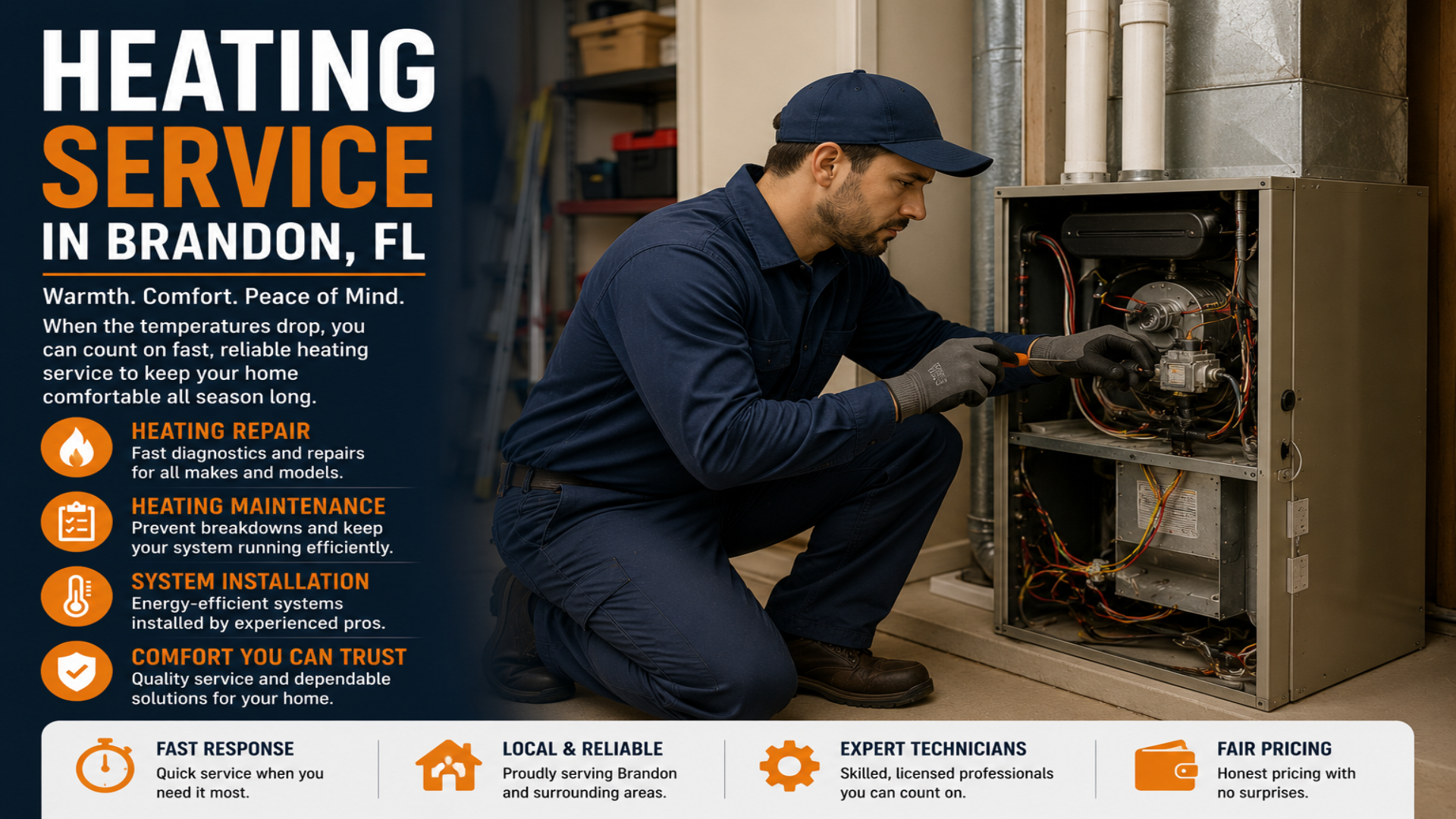 Heating service in Brandon, FL with HVAC technician servicing residential heating system in Florida home