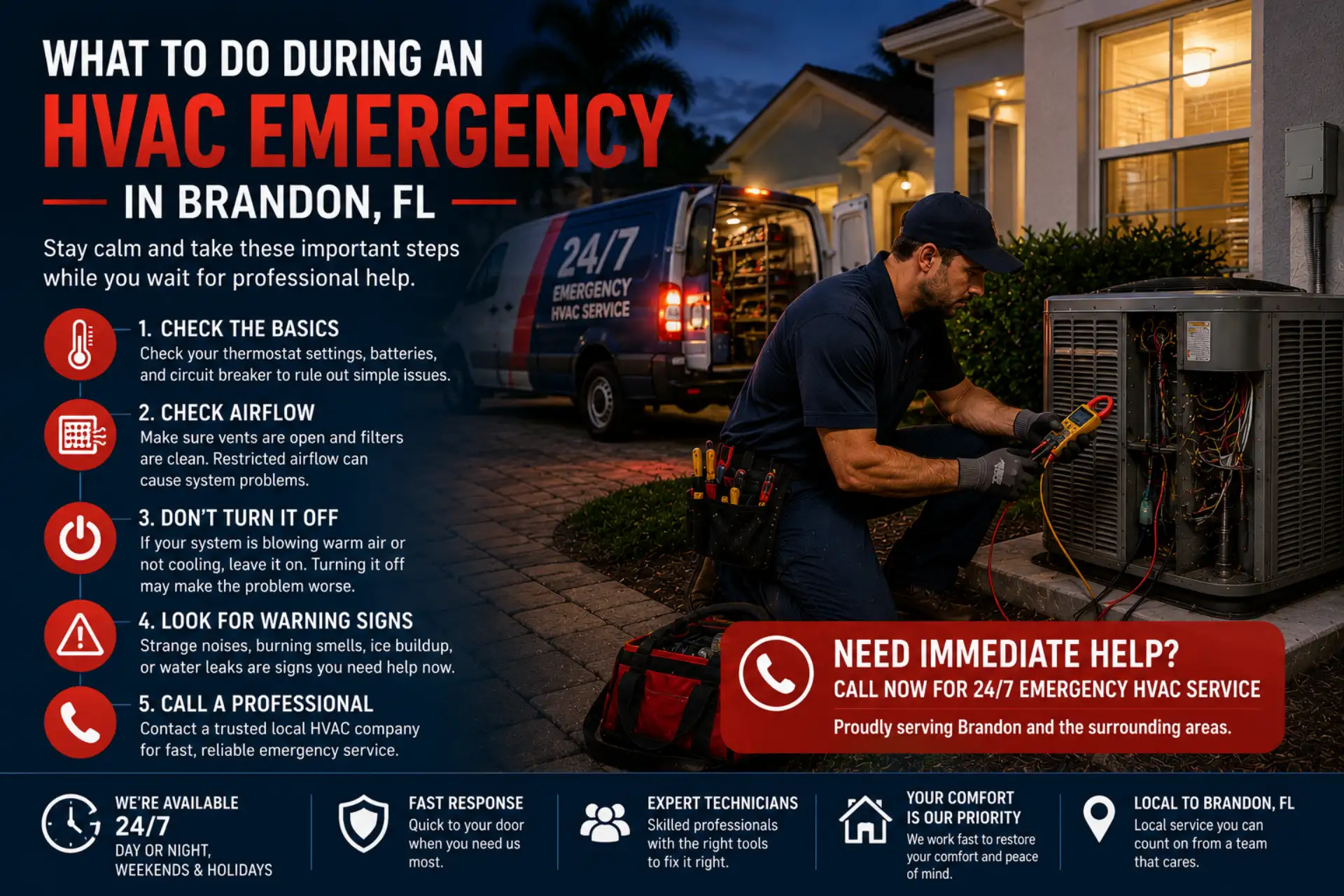 What to do during an HVAC emergency in Brandon, FL with emergency HVAC technician servicing residential AC system