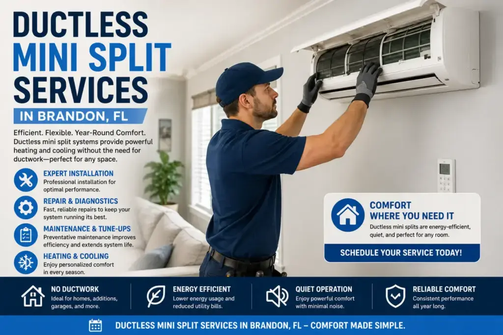 Ductless Mini Split Services In Brandon, Fl 1 Ductless mini split services in Brandon, FL with HVAC technician installing indoor mini split air conditioning system