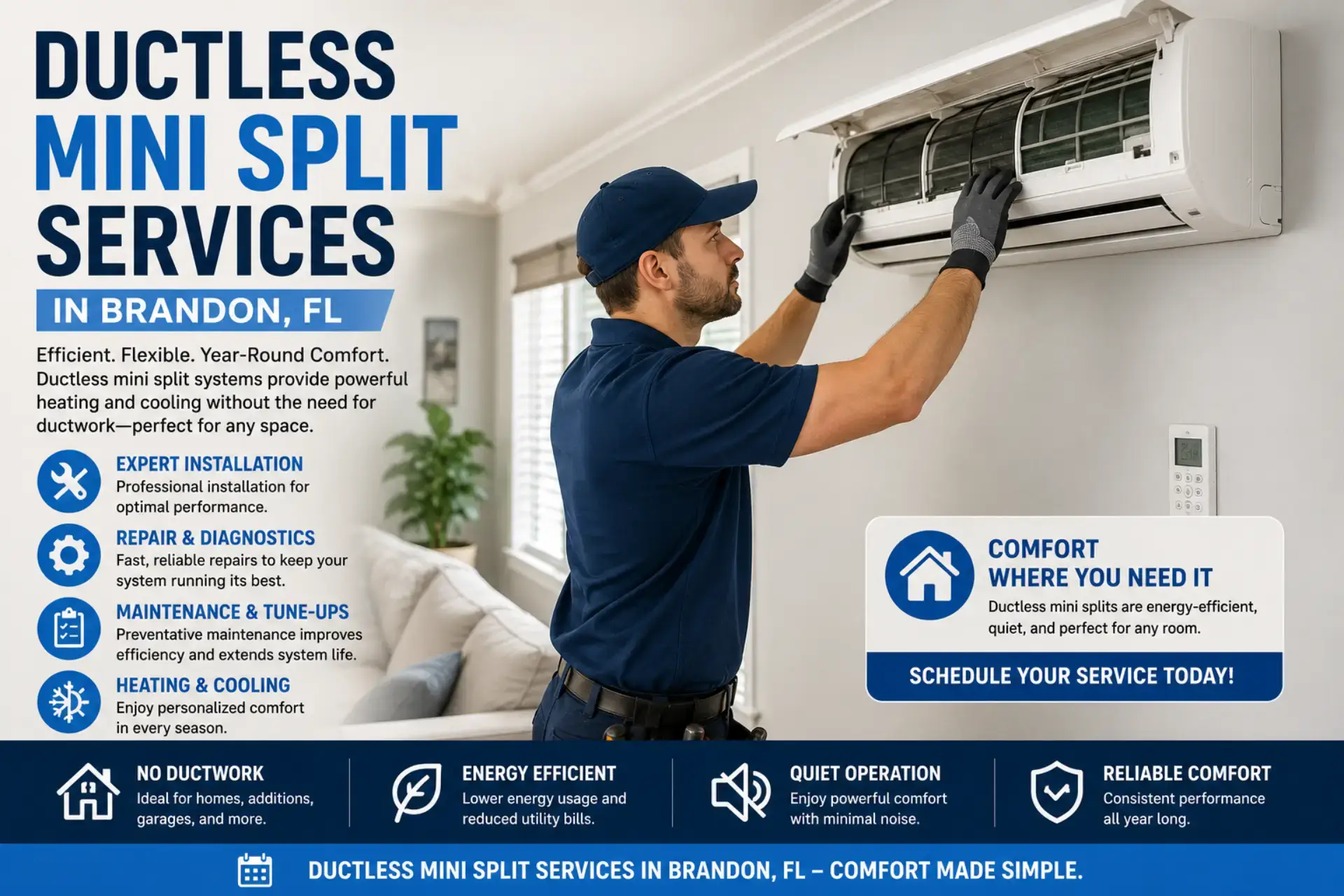 Ductless mini split services in Brandon, FL with HVAC technician installing indoor mini split air conditioning system