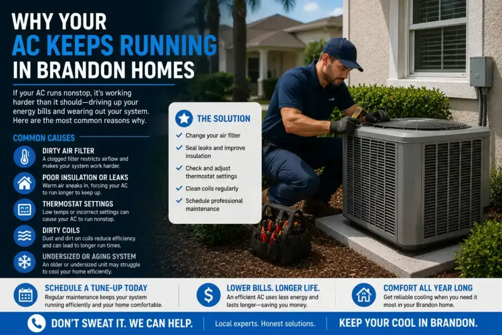 Why your AC keeps running in Brandon homes with residential air conditioning system outside Florida house